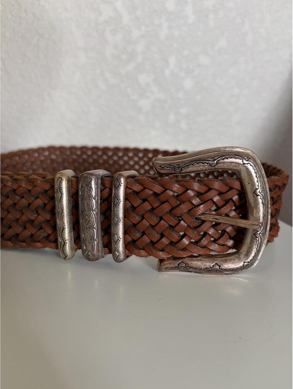 Y2K Fossil Leather Braided Belt Silver Western Whimsigoth Brown Size Small